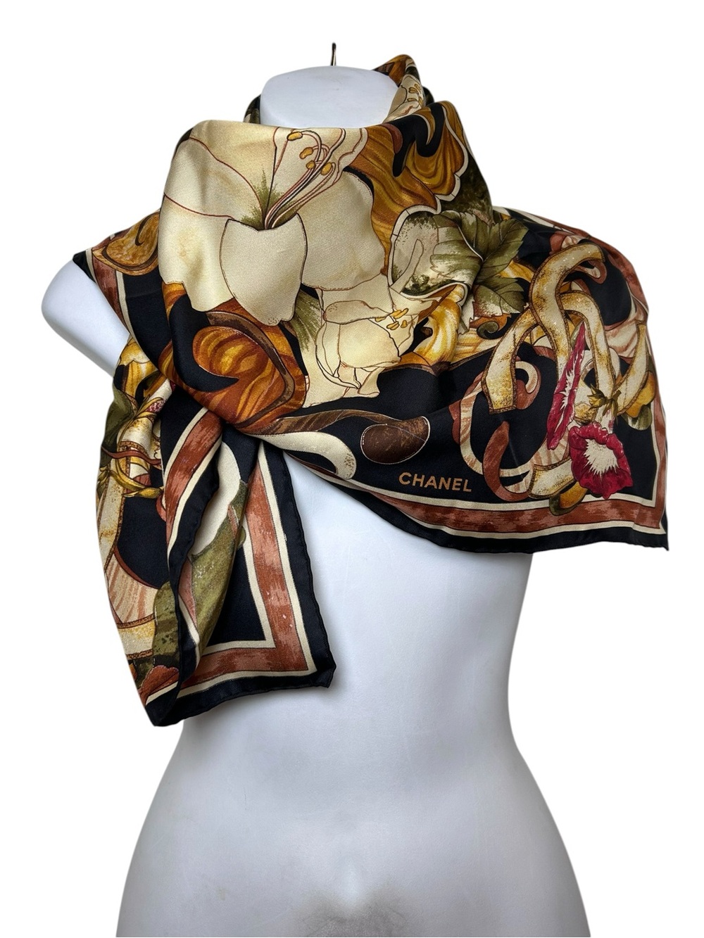 Chanel vintage floral silk scarf square luxury Italy head cover authentic